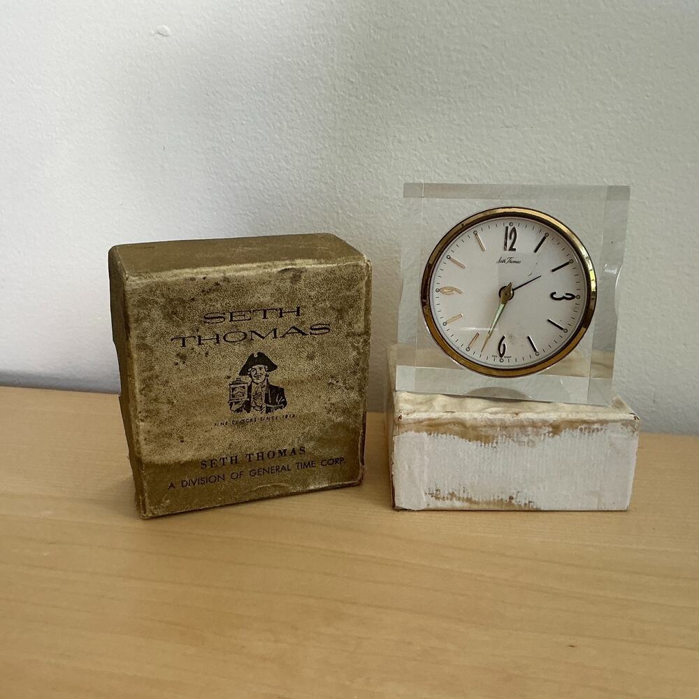 Vintage Seth Thomas Solitaire No 0787 Lucite Alarm Clock w Box As Is Not Wrkng